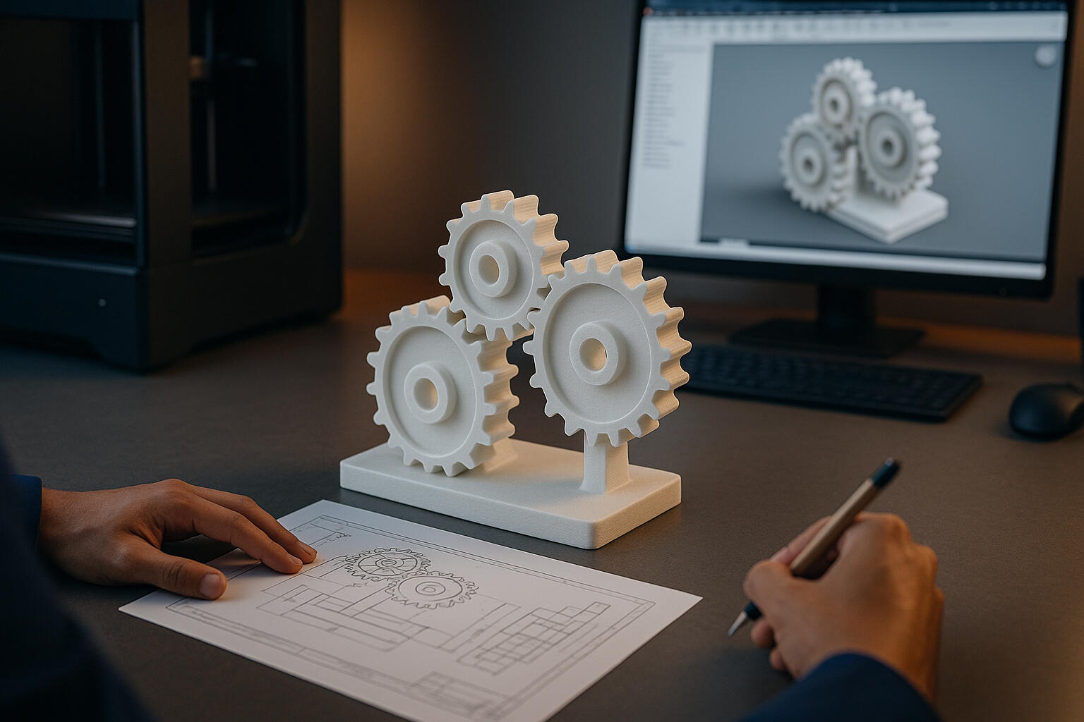 Engranajes — Prototipo Impreso en 3D Prototipo de engranajes impreso en 3D, desarrollado a partir de un diseño técnico y validado con revisión de planos. Ideal para pruebas de ajuste, funcionamiento y presentación de concepto antes de la fabricación final.