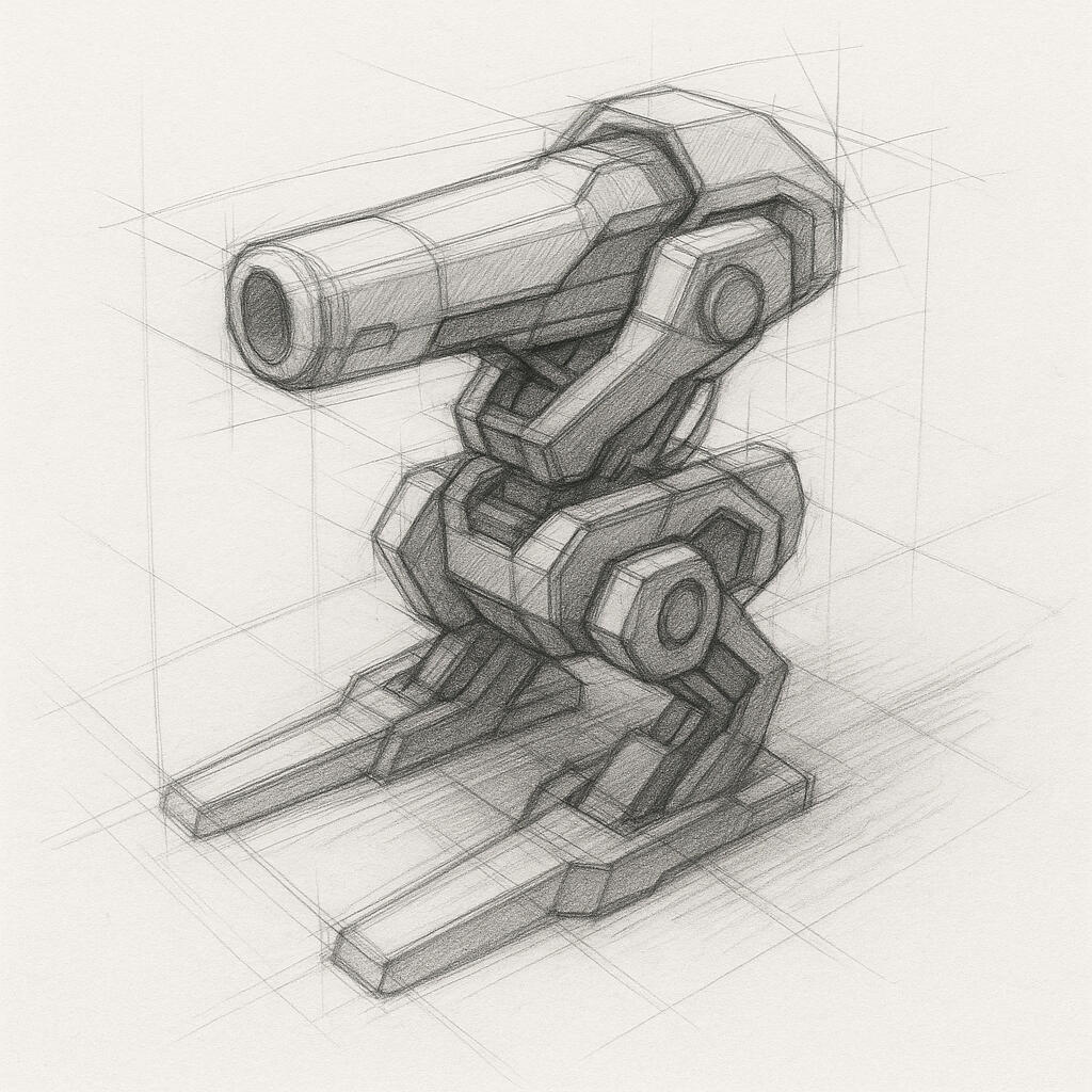 Torreta Mecánica — Boceto Conceptual Boceto inicial de la idea de una torreta mecánica estilo “mech”, usado como referencia para el modelado 3D. Define proporciones, volúmenes y detalles principales antes de pasar a la etapa de diseño y preparación para impresión 3D.